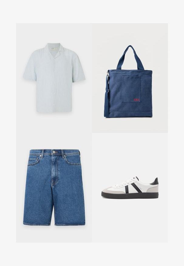Camisa de botones de manga corta en rayas azul claras y blancas. Presenta un cuello clásico y un corte relajado en una tela ligera.; Pantalones cortos de mezclilla en un tono azul medio, con un diseño clásico de cinco bolsillos, detalles de costura y una silueta de corte recto.; Zapatilla blanca con acentos en negro y gris, que presenta una puntera texturizada en gris, suela de goma negra y cordones planos blancos. Diseño limpio, estilo minimalista.; Bolso tote de lona azul con bolsillo frontal y bordado rojo "O.N.S", con asas dobles y una correa ajustable para el hombro.