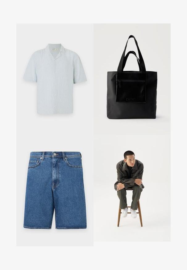 Camisa de botones de manga corta en rayas azul claras y blancas. Presenta un cuello clásico y un corte relajado en una tela ligera.; Pantalones cortos de mezclilla en un tono azul medio, con un diseño clásico de cinco bolsillos, detalles de costura y una silueta de corte recto.; Joven con chaqueta de cuero oscura y vaqueros sentado en un taburete de madera, inclinado hacia adelante con los brazos cruzados, mirando hacia un lado contra un fondo blanco.; Bolso tote negro con bolsillo frontal con cremallera y asas dobles, sobre un fondo claro y liso.