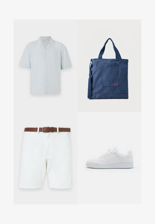 Camisa de botones de manga corta en rayas azul claras y blancas. Presenta un cuello clásico y un corte relajado en una tela ligera.; Pantalones cortos de algodón blanco con un cinturón de cuero marrón y hebilla plateada. Cierre de botón y cremallera, bolsillos laterales y puños rematados.; Zapatillas blancas hechas de material sintético liso, con cordones planos, puntera perforada y suela de goma con un patrón de agarre texturizado.; Bolso tote de lona azul con bolsillo frontal y bordado rojo "O.N.S", con asas dobles y una correa ajustable para el hombro.