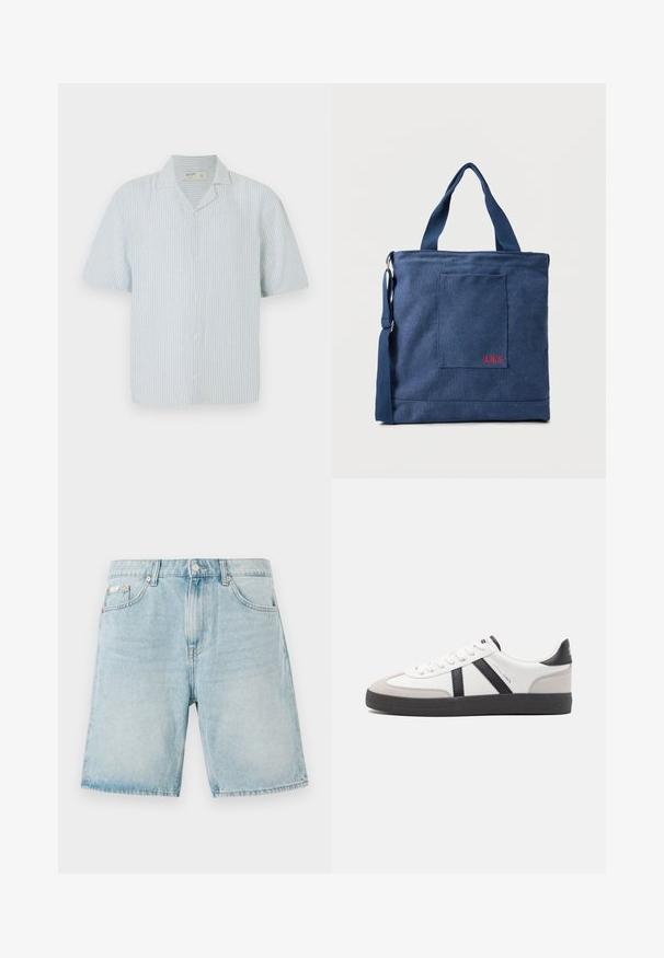 Korte mouw blouse met knopen in lichtblauw en witte strepen. Beschikt over een klassieke kraag en een losse pasvorm in een lichtgewicht stof.; Lichtblauwe denim shorts met een losse pasvorm, voorzien van voorzakken, een knoopsluiting en minimale vervaging.; Witte sneaker met zwarte en grijze accenten, voorzien van een grijze neus met textuur, zwarte rubberen zool en platte witte veters. Schoon ontwerp, minimalistische stijl.; Blauwe canvas tas met voorvak en rode "O.N.S" borduring, voorzien van dubbele handvatten en een verstelbare schouderriem.