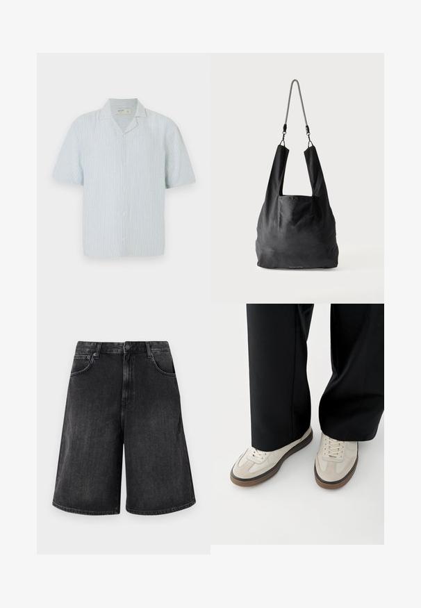 Camisa de botones de manga corta en rayas azul claras y blancas. Presenta un cuello clásico y un corte relajado en una tela ligera.; Shorts de mezclilla negra con un corte recto y amplio, que cuentan con un cierre frontal con botón y cinco bolsillos. Textura suave con un acabado desgastado.; Pies con zapatillas beige con suelas marrones y pantalones negros de pierna ancha sobre un fondo blanco.; Bolsa de mano de tela negra suave con asas anchas y una delgada correa de hombro trenzada en negro y blanco.