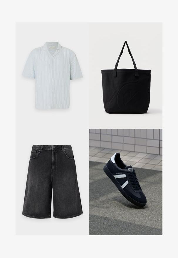Kurzärmliges Hemd mit Knopfleiste in hellblau-weißen Streifen. Verfügt über einen klassischen Kragen und einen lockeren Schnitt aus leichtem Stoff.; Schwarze Jeans-Shorts mit einem weit geschnittenen, geraden Schnitt, mit einem Frontknopfverschluss und fünf Taschen. Weiche Textur mit einem verwehten Finish.; Schwarze Leder-Sneaker mit weißen Streifen, strukturiertem Gummisohle und Schnürung. Verfügt über ein Markenetikett auf der Zunge.; Schwarze Canvas-Shopper-Tasche mit zwei Schulterriemen und einem dezenten, eingeprägten kreisförmigen Design auf der Vorderseite.