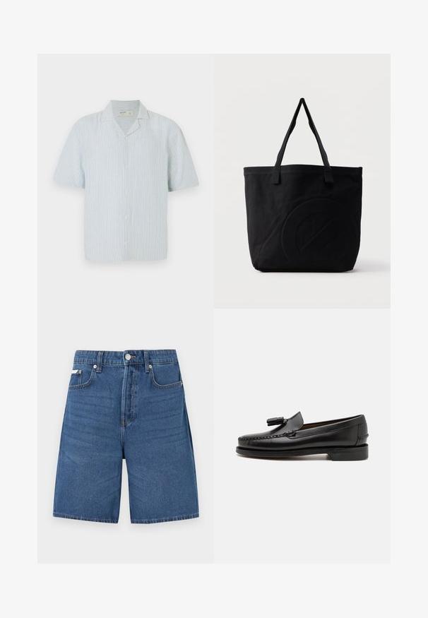 Chemise à manches courtes avec boutons, en rayures bleu clair et blanches. Dotée d'un col classique et d'une coupe décontractée, fabriquée dans un tissu léger.; Short en denim bleu clair avec fermeture éclair devant, bouton, passants de ceinture et cinq poches, présenté sur fond blanc uni.; Mocassins en cuir noir avec couture mocassins, bout rond et ornement de pampille. Talon plat avec une texture lisse, conçus pour un port décontracté.; Sac fourre-tout en toile noire avec deux bandoulières et un motif circulaire discret en relief sur le devant.