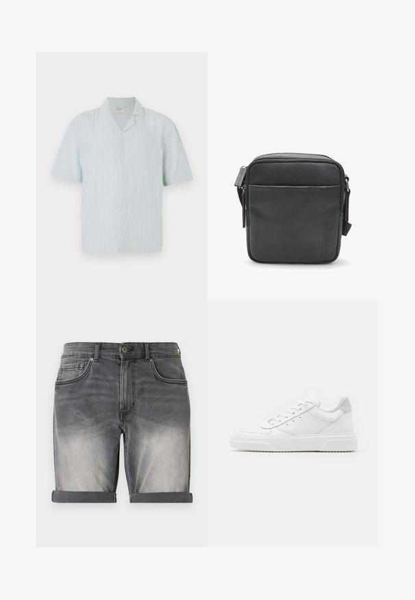 Korte mouw blouse met knopen in lichtblauw en witte strepen. Beschikt over een klassieke kraag en een losse pasvorm in een lichtgewicht stof.; Denim shorts in een vervaagd zwart met een opgerolde zoom, voorzien van vijf zakken en subtiele wassing aan de voorkant. Klassieke knoopsluiting.; Witte leren sneakers met een gladde afwerking, ronde neus, platte veters en een gestructureerde zool. Grijze suède accent bij de hiel.; Zwarte lederen schoudertas met een gestructureerde afwerking, voorzien van een ritsluiting aan de bovenkant en een ritsvak aan de voorkant. Compact en vierkant ontwerp.