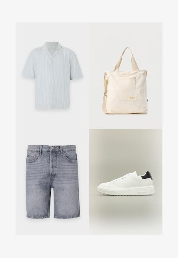 Camisa de botones de manga corta en rayas azul claras y blancas. Presenta un cuello clásico y un corte relajado en una tela ligera.; Shorts de mezclilla en gris claro con un corte clásico, que cuentan con cinco bolsillos, cierre de botón y una textura ligeramente desgastada.; Zapatilla blanca de caña baja con suela gruesa, cierre de cordones en la parte delantera y lengüeta negra en el talón, con la marca "Steve Madden" en la suela lateral.; Bolsa tote de lona color crema con bolsillo delantero, dos asas, correa de hombro ajustable y pequeño texto amarillo "O.N.S" en la parte inferior derecha del bolsillo.