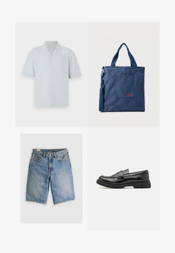 Korte mouw blouse met knopen in lichtblauw en witte strepen. Beschikt over een klassieke kraag en een losse pasvorm in een lichtgewicht stof.; Leren denim shorts in lichtblauw met een klassieke snit. Bevat vijf zakken, oranje stikselaccenten en ruwe zoomranden.; Zwarte leren instapper met een brede band over de voet, rubberen zool met dikke noppen en een gladde textuur. Klassiek, strak ontwerp.; Blauwe canvas tas met voorvak en rode "O.N.S" borduring, voorzien van dubbele handvatten en een verstelbare schouderriem.