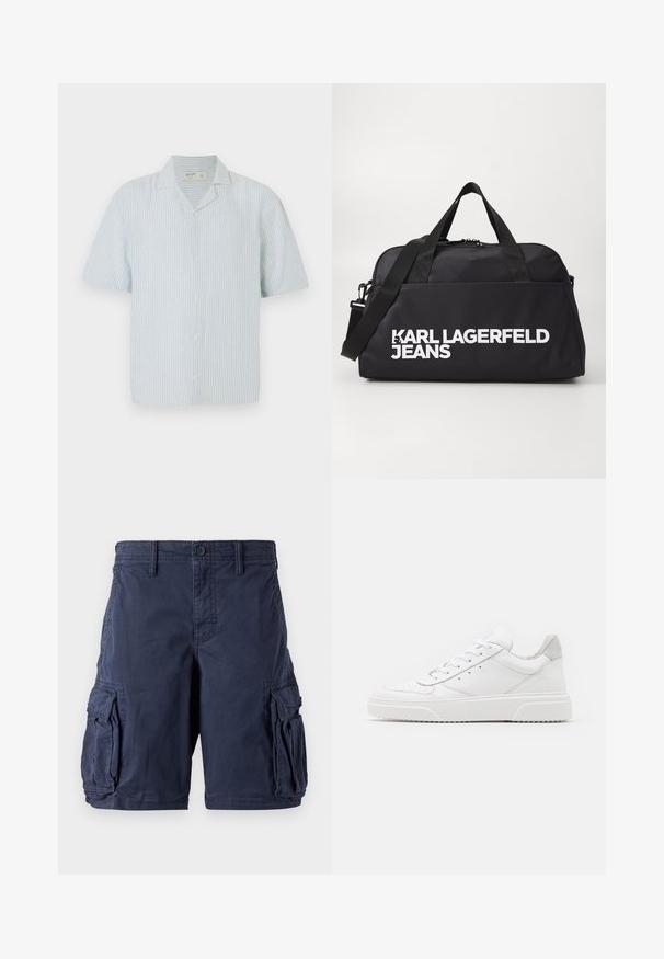 Kortærmet skjorte med knaplukning i lys blå og hvide striber. Har klassisk krave og en afslappet pasform i et let materiale.; Mørkeblå cargo shorts lavet af bomuld. Har flere sidelommer, knappelukning og en afslappet pasform. Glat tekstur og holdbart design.; Hvide lædersneakers med en glat finish, rund tå, flade snørebånd og en struktureret sål. Grå ruskindsdetalje ved hælen.; Sort duffel taske lavet af glat stof, med lynlåslukning og to bærehåndtag. Fronten viser "KARL LAGERFELD JEANS" i store hvide bogstaver.