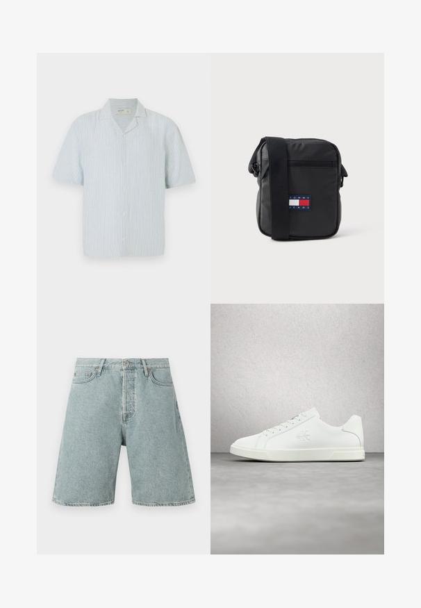 Kortærmet skjorte med knaplukning i lys blå og hvide striber. Har klassisk krave og en afslappet pasform i et let materiale.; Lysblå denim shorts med en afslappet pasform, fem lommer og knaplukning. Slidt udseende med synlige sømdetaljer.; Hvid lædersneaker med en glat overflade, snørelukning, logodetalje på siden og en kontrasterende hvid gummisål.; Sort crossbody-taske med lynlåslomme foran, justerbar strop og Tommy Jeans-logo påsyet i rød, hvid og blå på forsiden i midten.