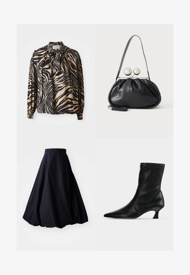 Langsleeve shirt in een gladde stof met een gedurfd zwart en gouden zebrapatroon, met een strikje bij de hals.; By Malene Birger AUBREY - Maxirok - black; Zwarte leren midkuitlaars met spitse neus en lage kittenhak, zijaanzicht op een effen lichte achtergrond.; Zwarte leren handtas met een geplooid ontwerp, een enkele schouderband, zilverkleurige metalen omlijsting en twee grote ronde zilveren sluitingen.