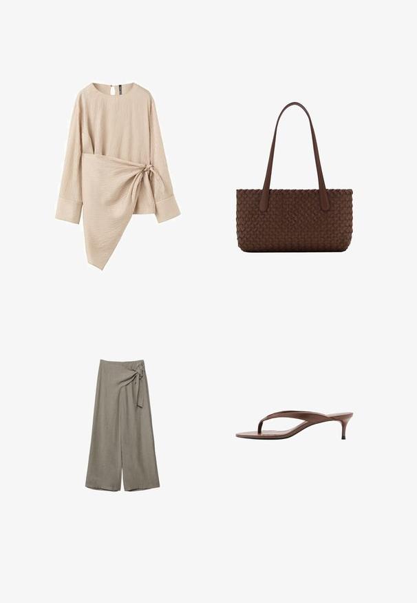 Blouse beige à manches longues côtelée avec un détail d'enveloppement asymétrique noué en un nœud à la taille et des poignets larges.; Pantalon taupe à jambes larges, taille haute avec un détail de nœud en tissu sur le côté droit.; Sandale en cuir marron avec lanière, petit talon « kitten » et bout carré, vue de profil sur fond blanc.; Sac à main en cuir marron avec un motif tissé, avec deux longues anses fines pour un port à l'épaule.
