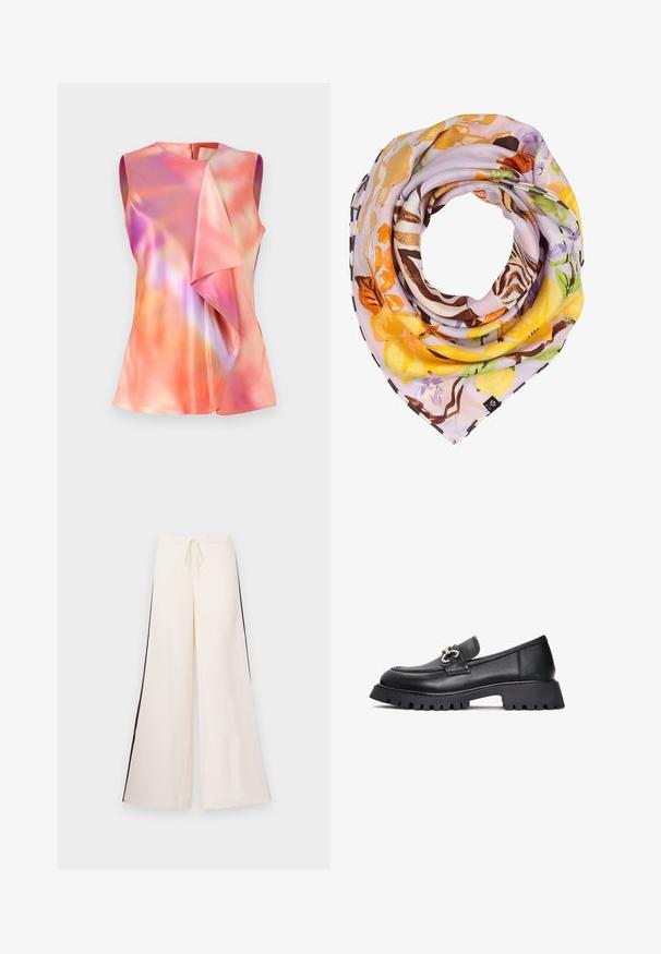 Ærmeløs top i satinmateriale, der præsenterer et farverigt abstrakt mønster med nuancer af pink, orange og violet, samt en draperet frontdesign.; Cremefarvede brede bukser lavet af glat stof, med snoretræk i taljen og kontrastfarvede mørke sidelister. Flad front-design, uden lommer.; Sort læderloafer med en polstret overdel, dekorative metaldele og en tyk, tekstureret sål for greb og stabilitet. Klassisk, minimalistisk design.; Silketørklæde med et levende blomstermotiv og frugtmønster i gult, orange, grønt og brunt på en lyse-lilla baggrund, foldet i en løkke.