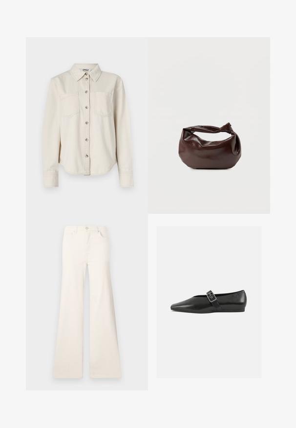 Chemise en denim beige à manches longues, avec un devant à boutons, deux poches poitrine et un col classique. Texture douce avec un détail d'ourlet arrondi.; ONLY Wide-fit ONLMADISON High waist Wide Leg Fit - Wide Leg - ecru; Chaussure plate en cuir noir avec un orteil pointu, présentant une sangle à boucle métallique sur le cou-de-pied et une semelle basse et flexible.; Sac bandoulière en cuir marron foncé avec une forme souple et décontractée et une anse nouée torsadée sur un fond blanc uni.