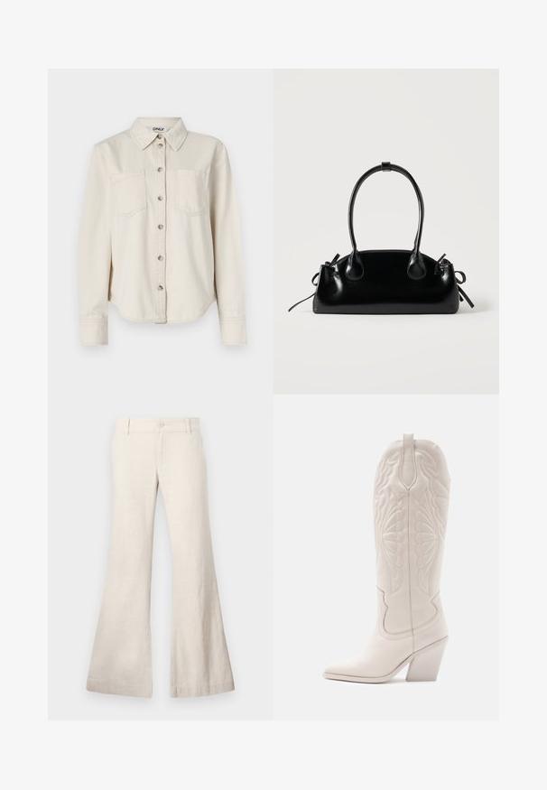 Chemise en denim beige à manches longues, avec un devant à boutons, deux poches poitrine et un col classique. Texture douce avec un détail d'ourlet arrondi.; Pantalons beiges évasés en tissu léger composé de lin. Présente une fermeture à bouton à l'avant et des poches latérales. Texture lisse, design décontracté.; Bottine de cowboy en cuir blanc avec un bout pointu et un talon bloc. Présente des motifs de broderie complexes sur la tige et une texture lisse.; Petit sac à main noir brillant avec deux longues anses et des détails à cordon sur les côtés sur un fond clair uni.