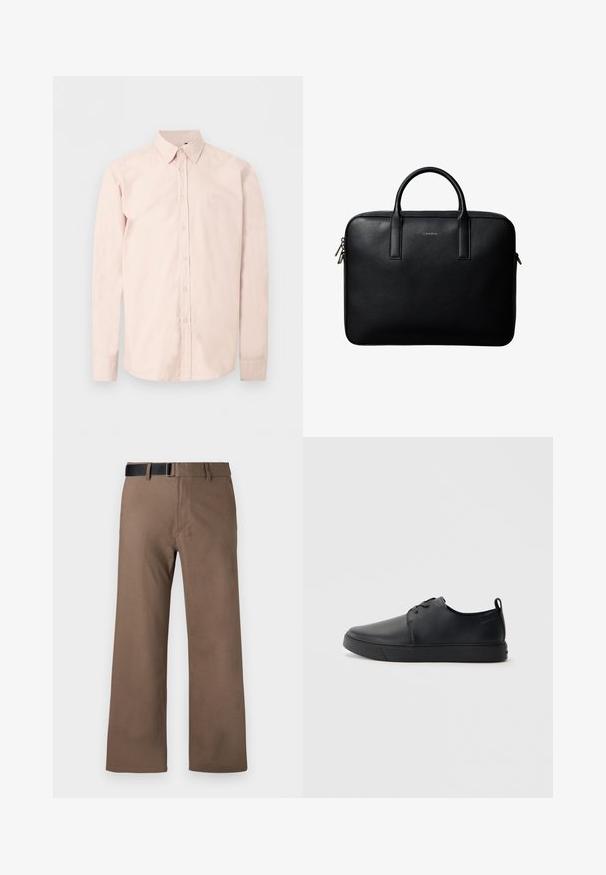 Chemise rose clair à manches longues avec boutons, col pointu, logo discret sur la poitrine et poignets boutonnés sur un fond blanc uni.; Pantalons marron à jambes larges avec un devant plat, des passants de ceinture et une ceinture noire. Fabriqués en tissu lisse avec des coutures soignées et sans motifs.; Baskets en cuir noir avec une finition lisse, bout arrondi, coutures ton sur ton, devant à lacets et semelle plate en caoutchouc. Anse au talon.; Mallette en cuir noir texturé avec double poignées et tirettes de fermeture éclair argentées, centrée sur fond blanc.