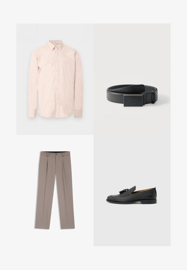 Chemise rose clair à manches longues avec boutons, col pointu, logo discret sur la poitrine et poignets boutonnés sur un fond blanc uni.; Pantalon homme sur mesure de couleur marron clair avec passants de ceinture, plis, bouton à l'avant et braguette zippée, posé à plat sur un fond blanc.; Mocassin pour homme en cuir noir avec pompons, bout arrondi, petit talon et languette à l'arrière, présenté de profil sur un fond gris clair.; Ceinture en cuir noir enroulée avec une boucle noire mate rectangulaire et un logo embossé discret sur fond blanc.