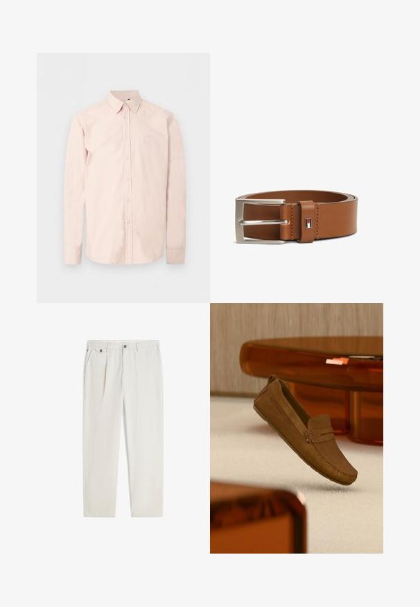 Chemise rose clair à manches longues avec boutons, col pointu, logo discret sur la poitrine et poignets boutonnés sur un fond blanc uni.; Pantalon beige décontracté avec passants pour ceinture, bouton et fermeture éclair à l'avant, poches latérales et petite poche à rabat avec bouton sur le côté droit.; Mocassin en daim marron avec des coutures apparentes flottant au-dessus d'un tapis beige, avec un meuble translucide orange en arrière-plan.; Ceinture en cuir marron avec boucle rectangulaire argentée et petite étiquette logo rectangulaire avec un motif rouge, blanc et noir près de la boucle.