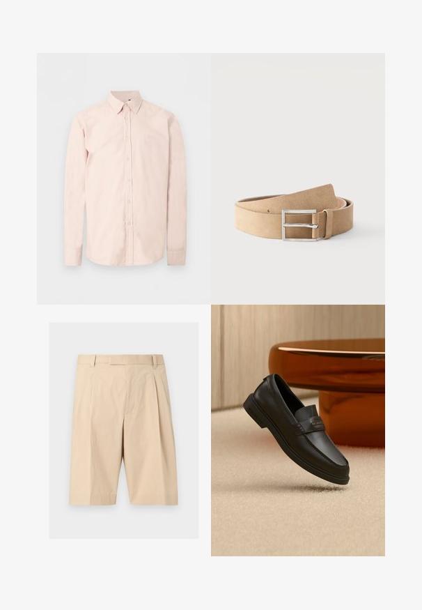Chemise rose clair à manches longues avec boutons, col pointu, logo discret sur la poitrine et poignets boutonnés sur un fond blanc uni.; Shorts beige mi-long cintrés avec passants pour ceinture, plis à l'avant et fermeture éclair cachée sur le devant.; Chaussure noire en cuir à enfiler avec des accents cousus, un col relevé et une semelle en caoutchouc plate, positionnée au-dessus d'une surface beige douce.; Ceinture en cuir suédé couleur fauve avec boucle rectangulaire argentée et passant en cuir, roulée sur un fond blanc.