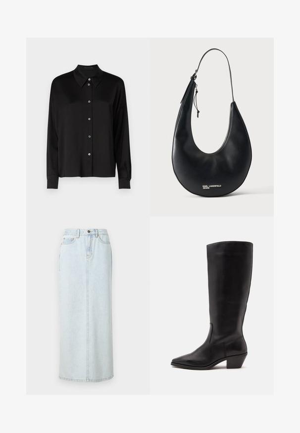 Chemise noire à manches longues avec un col classique, présentant un devant boutonné avec des boutons bleus et un tissu lisse et texturé.; Jupe maxi en denim bleu clair avec un design droit, fermeture à boutons sur le devant et couture visible. Elle comporte deux poches avant.; Botte en cuir noire mi-mollet avec un bout pointu et un talon bas incliné sur un fond clair uni.; Sac à bandoulière en cuir noir en forme de croissant avec une fine bandoulière et une fermeture éclair argentée, arborant le logo argenté "KARL LAGERFELD JEANS" sur le devant.