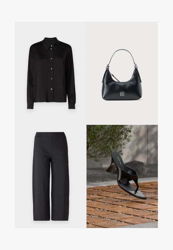 Chemise noire à manches longues avec un col classique, présentant un devant boutonné avec des boutons bleus et un tissu lisse et texturé.; Pantalons larges noirs avec une taille élastique. Fabriqués dans un tissu lisse et extensible. Sans poches ni coutures visibles. Design épuré et minimaliste.; Sandale à talon noire Calvin Klein en forme de tongs flottant au-dessus d'une surface extérieure carrelée avec de la verdure et un mur en béton en arrière-plan.; Sac à épaule en cuir noir avec une seule poignée, fermeture éclair et un petit logo carré en argent à l'avant.