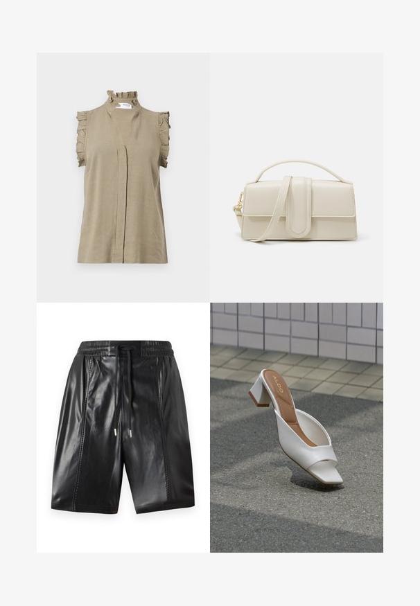 Khaki ærmeløs top lavet af let materiale, med en volang krave og skulderdetaljer, samt en subtil frontplissé.; Sorte lædershorts med elastisk talje, snøre detail og sidesømme. Glat tekstur med en glansfuld finish.; Hvid åben mule med blokhæl og tan indersål mærket "ALDO", placeret på asfalt med flisevæg i baggrunden.; Cremefarvet læderhandbag med rektangulær form, flad hank og aftagelig rem; har en frontklap med magnetlukning.