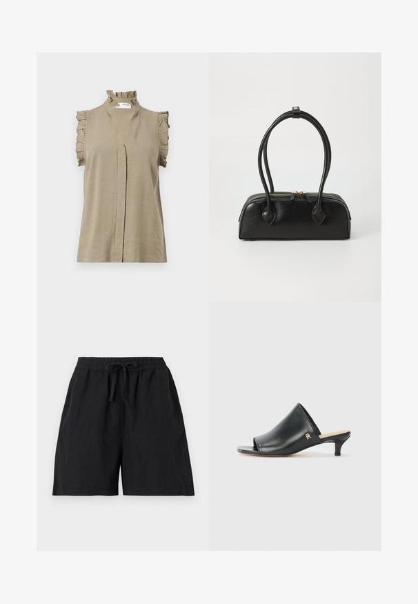 Khaki ærmeløs top lavet af let materiale, med en volang krave og skulderdetaljer, samt en subtil frontplissé.; Sorte afslappede shorts med elastisk talje og snøre foran, med sidelommer og løs pasform.; Sorte læder open-toe mules med en lav hæl. Har en glat overflade og et guld logo-prim på siden.; Sort læder håndtaske med to langstrakte håndtag, lynlåslukning og afrundet form; glat tekstur med en subtil blank finish.