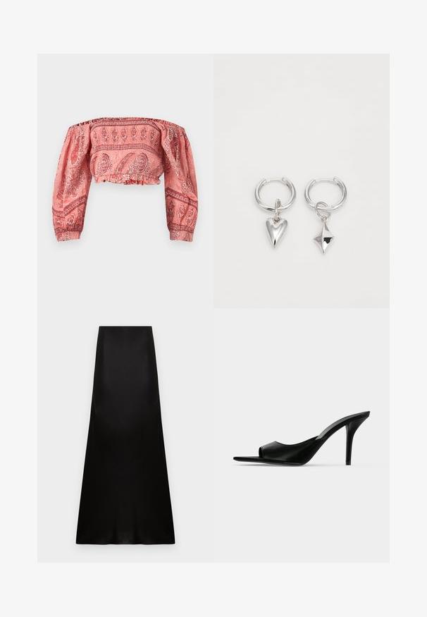 Blouse courte à épaules dénudées avec manches longues bouffantes, présentant un motif cachemire rouge et rose, avec poignets et ourlet élastiqués.; Jupe longue en satin noir avec taille haute et ourlet légèrement évasé sur fond blanc.; Mule à talon haut en cuir noir à bout ouvert avec un talon stiletto fin, vue de profil sur un fond uni.; Boucles d'oreilles en argent en forme de créoles, ornées d'un cœur et d'un pendentif en forme de diamant. Texture lisse avec une finition polie.