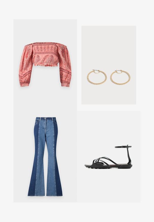 Blouse courte à épaules dénudées avec manches longues bouffantes, présentant un motif cachemire rouge et rose, avec poignets et ourlet élastiqués.; Jeans évasés avec un design bicolore comprenant des panneaux en denim bleu foncé et bleu clair, une fermeture à bouton sur le devant et un style de poche classique.; Sandale plate noire avec de fines brides croisées sur les orteils et une bride de cheville à boucle, avec une semelle légèrement texturée pour une meilleure adhérence.; Paire de boucles d'oreilles créoles en or de taille moyenne avec un design texturé et perlé sur un fond clair uni.