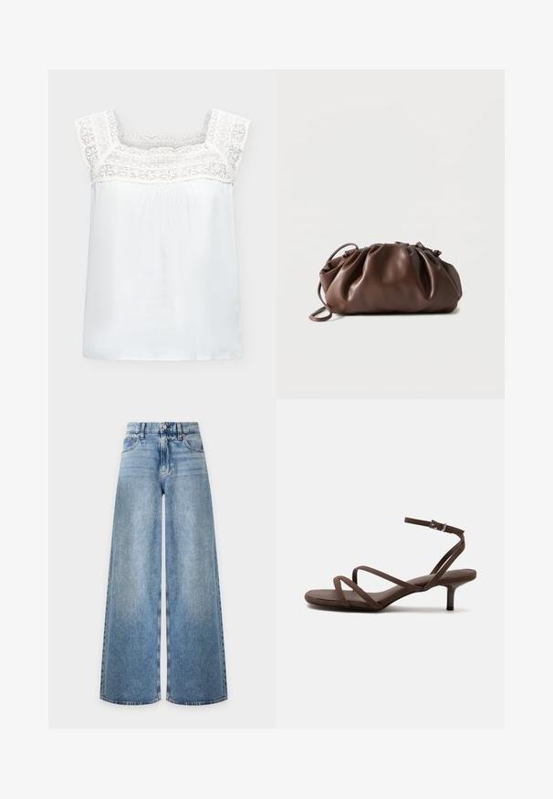Blouse blanche sans manches avec larges bretelles en dentelle et détail en dentelle le long de l'encolure carrée et de la poitrine haute.; Jean en denim bleu clair à jambes larges, taille haute, bouton sur le devant, fermeture éclair et design classique à cinq poches.; Sandale marron à talons hauts avec fines lanières croisées et bride de cheville avec boucle argentée sur fond blanc.; Sacoche en cuir marron doux avec un haut froncé et une fine bandoulière, posée sur un fond blanc.