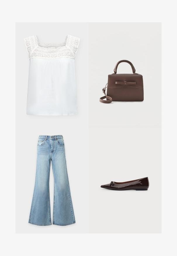 Blouse blanche sans manches avec larges bretelles en dentelle et détail en dentelle le long de l'encolure carrée et de la poitrine haute.; Jean bleu clair à jambes larges en denim avec fermeture à bouton et fermeture éclair à l'avant, passants de ceinture et poches avant, présenté sur un fond uni.; Chaussure plate marron brillante à bout pointu avec un petit nœud sur le devant et un petit talon sur un fond uni.; Petit sac à main en cuir marron avec poignée supérieure, bandoulière amovible et rabat avant accentué par une bande horizontale en cuir.