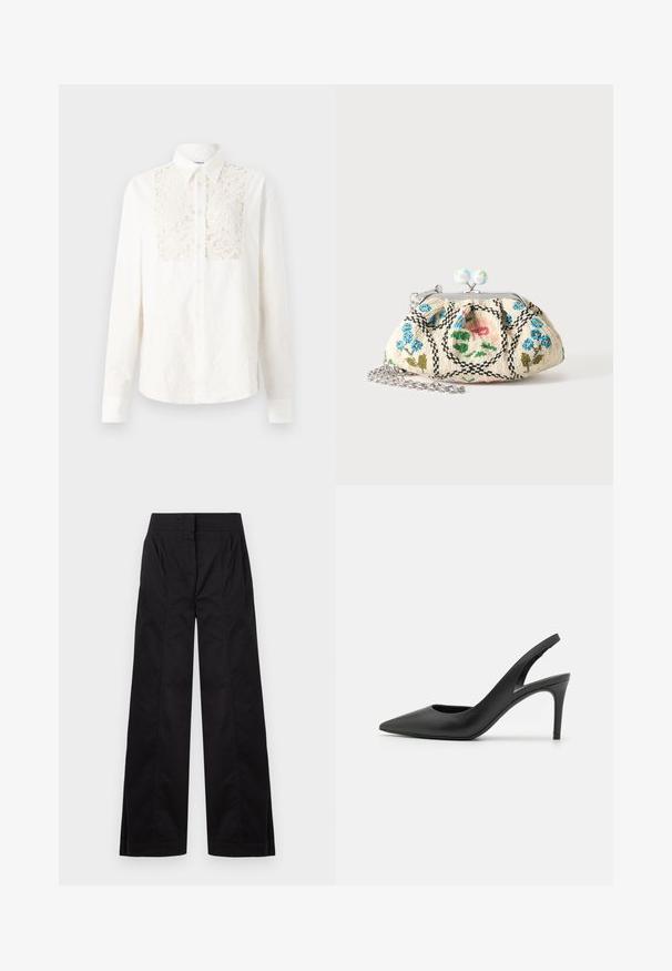 Soulland RADO SHIRT - Chemisier - off white; Pantalon noir taille haute à jambes larges avec des détails de coutures frontales et des poches latérales, présenté sur un fond clair uni.; Escarpins à talon aiguille en cuir noir, avec un design à bout pointu, présentant une découpure à l'avant et un talon fin.; Petit porte-monnaie en tissu à fermoir avec broderie florale en perles, cadre métallique et bandoulière chaîne argentée sur un fond uni clair.