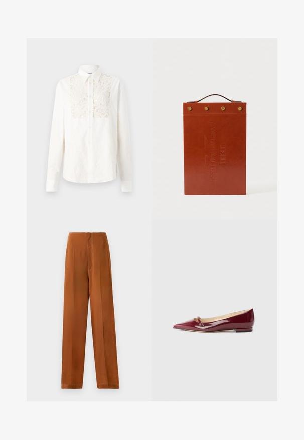 Soulland RADO SHIRT - Πουκαμίσα με κουμπιά - off white; Φαρδιά παντελόνια σε ζεστό καφέ χρώμα, με απαλό υφή, ψηλή μέση και αντίθεση λευκής ραφής κατά μήκος των ραφών.; Μπορντό παπούτσια από πατεντε leather με μυτερή μύτη, που διαθέτουν μια μικρή λεπτομέρεια πριονισμού και χαμηλό τακούνι. Λείο υλικό και κομψό σχέδιο.; Καφέ δερμάτινη θήκη εγγράφων με επίπεδη ορθογώνια μορφή, ανάγλυφο κείμενο, λαβή στην κορυφή και χρυσά αξεσουάρ.