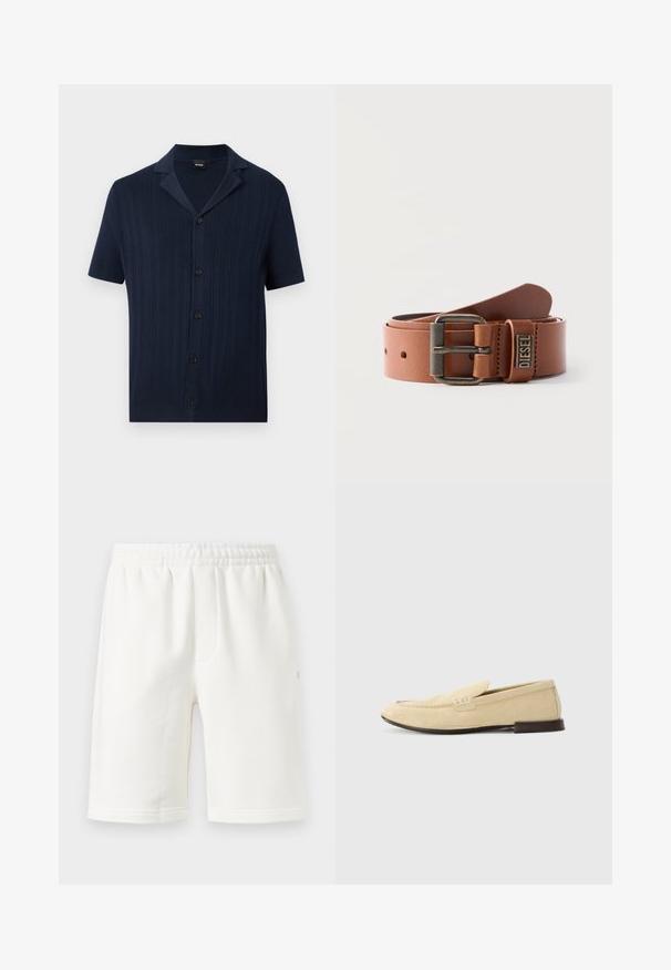 Chemise en maille bleu marine à manches courtes avec texture côtelée verticale, patte de boutonnage devant et col ouvert de la marque BOSS.; Shorts blancs à taille élastique avec poches latérales, longueur jusqu'aux genoux, confectionnés en tissu doux.; The Antipode Chaussons - cream; Ceinture en cuir marron roulée avec boucle en métal antique et étiquette logo Diesel sur la boucle, sur fond uni.