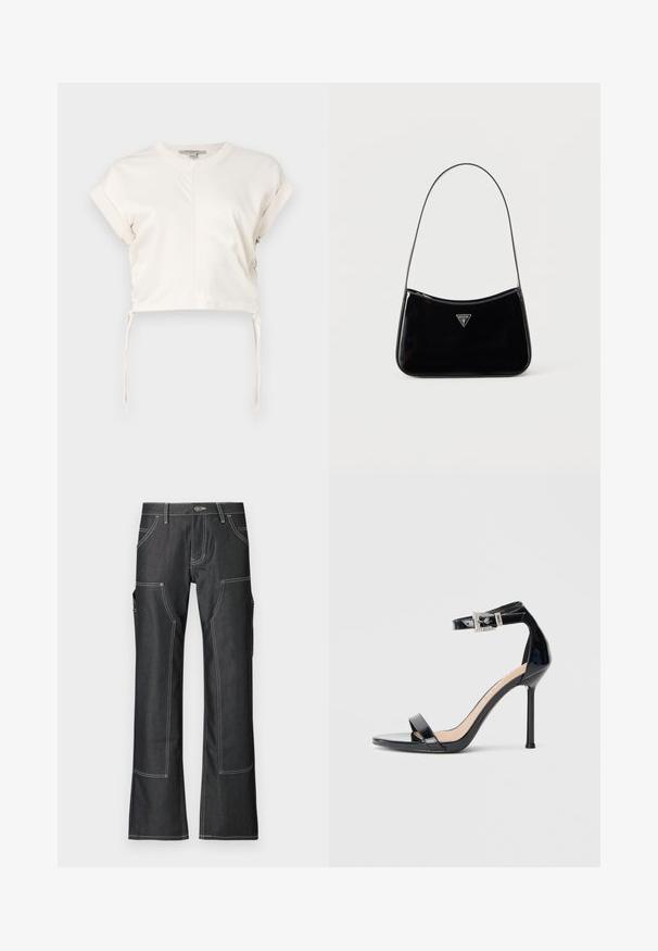 Crème cropped top van gladde stof, met een ronde halslijn, korte mouwen en verstelbare zijknoopjes. Eenvoudig, strak ontwerp.; Donkerdenim cargobroek met witte contrasterende stiksels, voorzien van meerdere zakken en een flared pijpdesign. Duurzaam materiaal en metalen knoopsluiting.; Zwarte sandalen met hoge hak van lakleer en een enkelriempje. Heeft een minimalistisch ontwerp, open teen en een gesp met strass-steentjes.; Zwarte schoudertas van lakleer met een smalle band, driehoekig Guess-logo aan de voorkant en een ritssluiting bovenaan.