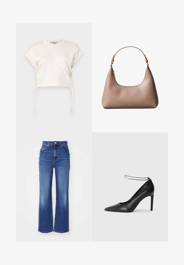 Crème cropped top van gladde stof, met een ronde halslijn, korte mouwen en verstelbare zijknoopjes. Eenvoudig, strak ontwerp.; Blauwe denim flared jeans met een hoge taille, vijf zakken, subtiele vervaging en contrasterende stiksels. Voorzien van een ritssluiting en knoopsluiting.; Zwarte leren hoge hak pump met een spitse neus, voorzien van een dunne zilveren ketting enkelband en een strakke, gladde textuur.; Beige leren schoudertas met korte handgreep, gebogen bovenrits en minimalistisch Calvin Klein-logo aan de voorkant.