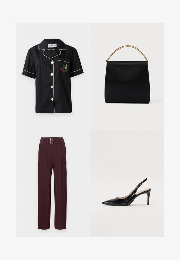 Schwarzes Kurzarmhemd mit kontrastierenden beigen Paspeln, fünfknöpfigem Frontverschluss und einer linken Brusttasche mit floralen Stickereien.; Dunkelburgunderrote, hoch taillierte Hose mit zwei goldenen Schnallenriemen oben und geradem Bein.; Schwarz lackierte Slingback-Pumps mit spitzem Zehenbereich, schlankem Absatz und einem subtilen Ausschnittdesign. Verfügt über eine goldene Schnalle am Riemen.; Schwarze Tasche aus glattem Stoff mit strukturierter Form, einem Griff aus goldener Kette und minimalistischem, geometrischem Design.