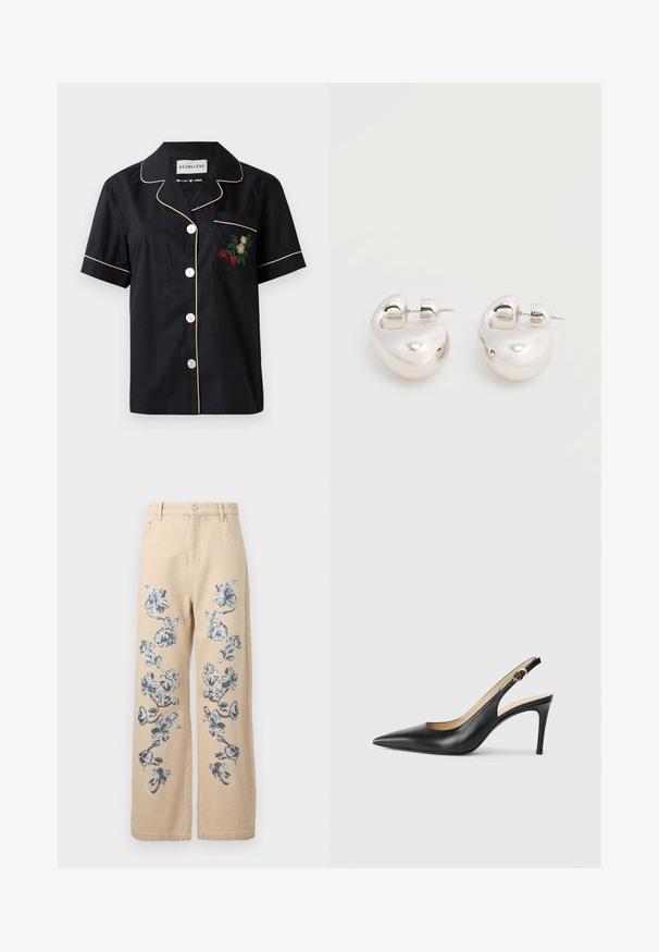 Schwarzes Kurzarmhemd mit kontrastierenden beigen Paspeln, fünfknöpfigem Frontverschluss und einer linken Brusttasche mit floralen Stickereien.; Beige Hose mit weitem Bein und blauer sowie grauer Blumenstickerei, die vertikal an beiden Beinen verläuft, mit Fronttaschen und Knopfverschluss.; Schwarze Leder-Slingback-High-Heels mit spitzem Zehenbereich, verstellbarem Riemen und schlankem Stiletto-Absatz, ausgestattet mit einer glatten Oberfläche.; Paar glänzende silberne dicke Creolen mit Stecker-Verschlüssen auf weißem Hintergrund.