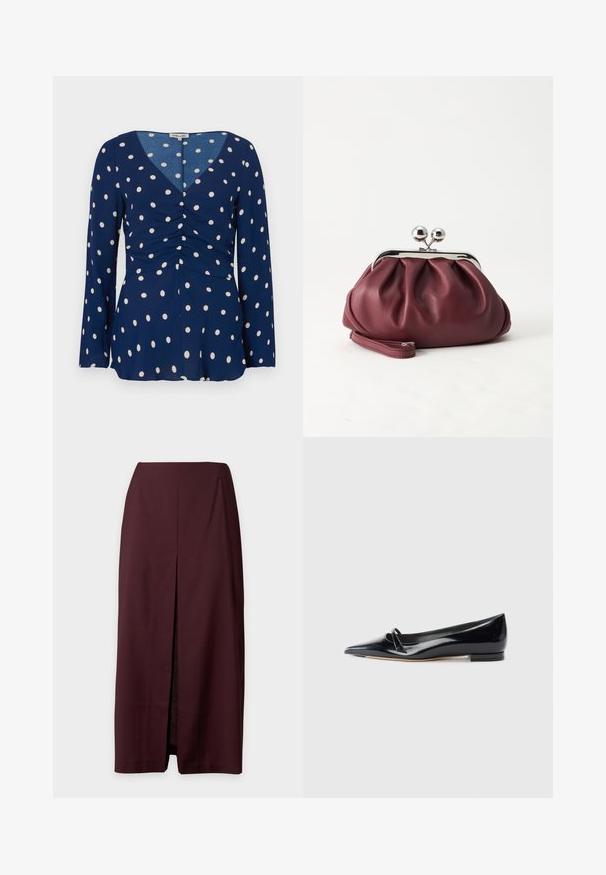 Blouse bleu marine à manches longues, ornée de pois blancs, avec un col en V et un détail froncé à l'avant. Tissu lisse avec un design fluide.; Jupe midi droite bordeaux foncé avec une fente centrale à l'avant et une taille haute, présentée sur un fond clair.; Chaussure plate en cuir verni noir avec un bout pointu, une petite lanière décorative et un petit talon carré. Texture lisse et design épuré.; Petit sac pochette en cuir bordeaux avec fermoir métallique argenté et bracelet sur fond blanc.