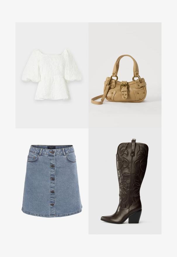 Hvid, tekstureret bluse med firkantet halsudskæring og pufærmer. Har en peplum talje, der viser et blomstermønster hele vejen igennem.; Denim nederdel i lyseblå med en flared form, der har lukning med knapfortsats, to sidelommer og kontrastsyninger.; Brune læder cowboy støvler med stikningsdetaljer, spidse tæer og blokhæl. Pyntet med bladlignende mønstre.; Beige læderhåndtaske med dobbelte håndtag, messing spænde og nitte detaljer samt en justerbar skulderrem mod en hvid baggrund.