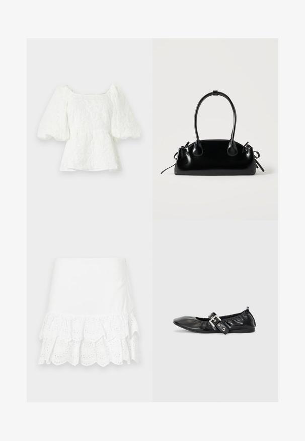 Hvid, tekstureret bluse med firkantet halsudskæring og pufærmer. Har en peplum talje, der viser et blomstermønster hele vejen igennem.; Hvid bomuldsnederdel med lagdelt flæse-design og øjelet broderi i kanten. Glat tekstur, længde over knæet.; Sorte læder flade sko med spids tå, samling detaljer omkring åbningen, og en sølv spænde accent på den justerbare rem.; Lille sort blank håndtaske med to lange håndtag og snøre-detaljer i siden på en ensfarvet lys baggrund.