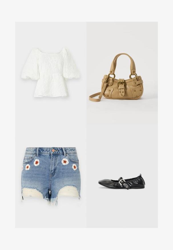 Blusa blanca texturizada con escote cuadrado y mangas abullonadas. Presenta una cintura tipo peplum que exhibe un patrón floral en toda la prenda.; Shorts de mezclilla con dobladillo deshilachado, color azul claro, con bordados florales en blanco y marrón alrededor del frente. Diseño de cinco bolsillos.; Zapato plano de piel negra con puntera afilada, detalle fruncido alrededor de la abertura y un acento de hebilla plateada en la correa ajustable.; Bolso de cuero beige con doble asa, hebilla y remaches de latón, y una correa de hombro ajustable sobre un fondo blanco.