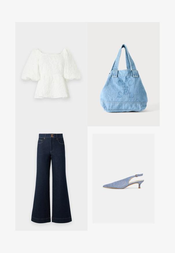 Blusa blanca texturizada con escote cuadrado y mangas abullonadas. Presenta una cintura tipo peplum que exhibe un patrón floral en toda la prenda.; Jeans de mezclilla azul oscuro con un amplio corte acampanado, cintura alta, bolsillos frontales y costuras doradas en contraste. Con cierre de doble botón.; Zapato de tacón bajo tipo kitten con tira trasera de ante azul claro, diseño perforado y correa ajustable con hebilla sobre un fondo liso.; Bolsa tote de denim azul claro con asas dobles y la palabra "CLOSED" bordada en letras grandes en el frente.