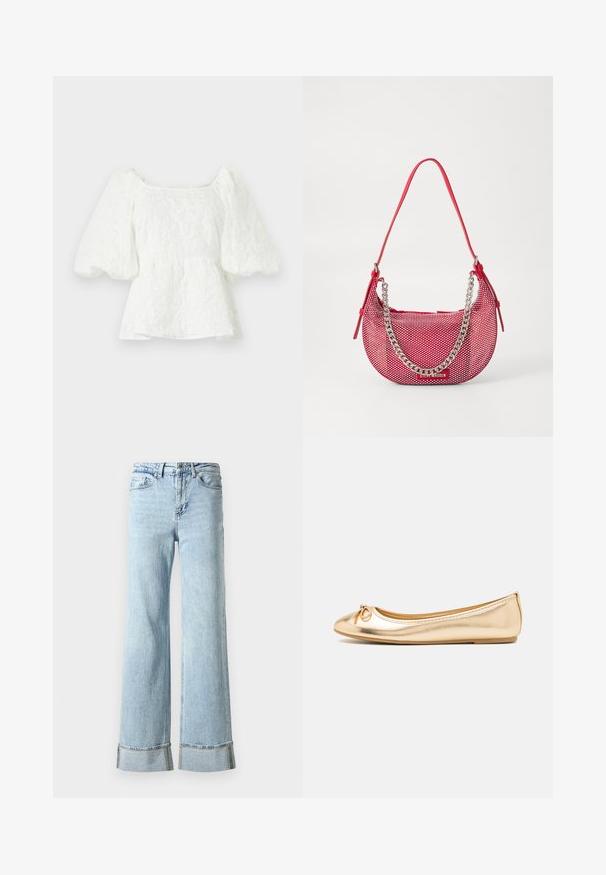 Blusa blanca texturizada con escote cuadrado y mangas abullonadas. Presenta una cintura tipo peplum que exhibe un patrón floral en toda la prenda.; Jeans de mezclilla de color azul claro con piernas anchas, dobladillos deshilachados y detalles decorativos de strass en los puños. Diseño estándar de cinco bolsillos.; Bailarina metálica dorada con punta redondeada, pequeño detalle de lazo en la parte frontal, superficie lisa y suela de goma flexible.; Bolsa de mano perforada roja con forma Curva, que cuenta con un detalle de cadena plateada y una correa para el hombro a juego. Logotipo visible en la parte delantera.
