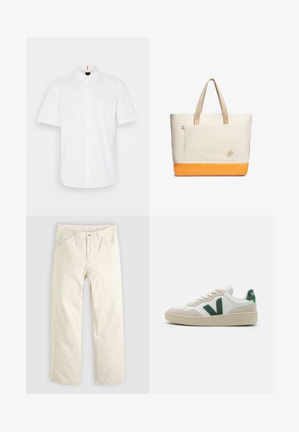 Chemise blanche à manches courtes, boutonnée, fabriquée en coton, avec une poche poitrine unique, un col classic et des détails de couture discrets.; Pantalon en coton beige clair à coupe décontractée, jambes droites et poches avant. Doté d'une fermeture à boutons et d'un design simple et épuré.; Baskets blanches avec des accents en suède vert, lacets plats, empiècement texturé au niveau des orteils et semelle en caoutchouc beige. Présente un logo "V" bien visible sur le côté.; Grand sac fourre-tout en toile beige avec fond orange, poignées beiges, poche avant, et petites initiales brodées dans le coin de la poche.