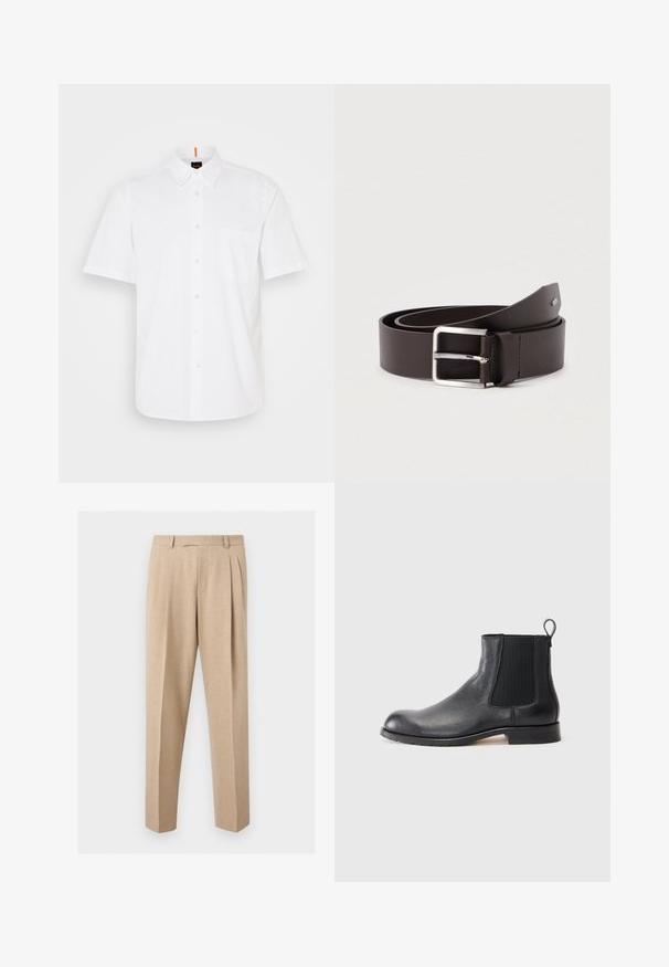 Chemise blanche à manches courtes, boutonnée, fabriquée en coton, avec une poche poitrine unique, un col classic et des détails de couture discrets.; Pantalon beige sur mesure avec plis sur le devant, passants de ceinture et jambes droites, présenté sur un fond clair et uni.; Botte Chelsea en cuir noir avec une tige texturée, des panneaux latéraux élastiques et une languette. Équipée d'une semelle en caoutchouc plate et d'un design à bout arrondi.; Ceinture en cuir marron avec une finition lisse, équipée d'une boucle rectangulaire en métal argenté et d'un détail de couture contrastante.
