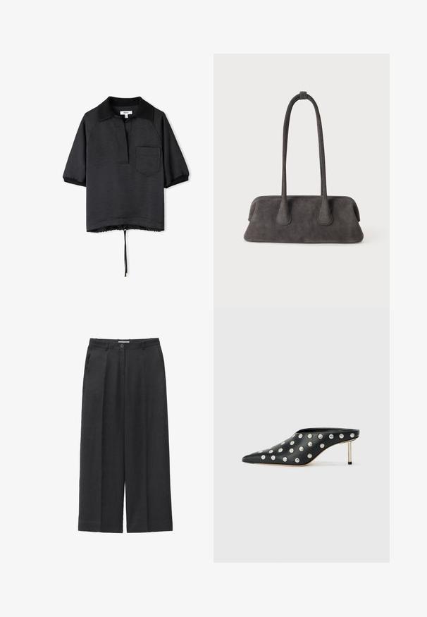 Polo noir à manches courtes avec collier, en tissu texturé, avec une poche poitrine et un ourlet resserré avec un cordon de serrage ajustable.; Pantalon noir à jambes larges avec plis sur le devant, poches latérales, ceinture avec passants et fermeture par bouton à l'avant.; STAND STUDIO KELSEY - Mules à talons - black; Sac à main en daim gris foncé avec une large base rectangulaire et deux longues bretelles fines sur un fond uni.