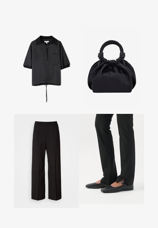 Polo noir à manches courtes avec collier, en tissu texturé, avec une poche poitrine et un ourlet resserré avec un cordon de serrage ajustable.; Pantalons larges noirs avec un design plissé, une taille élastique et une texture de tissu lisse. Convient à diverses occasions.; Jambes vêtues d’un pantalon slim noir avec des fentes à l’avant de l’ourlet, assorties à des chaussures plates Mary Jane noires avec une petite bride à boucle.; Sac à main en tissu noir doux avec haut froncé et poignées circulaires rembourrées nouées de chaque côté.