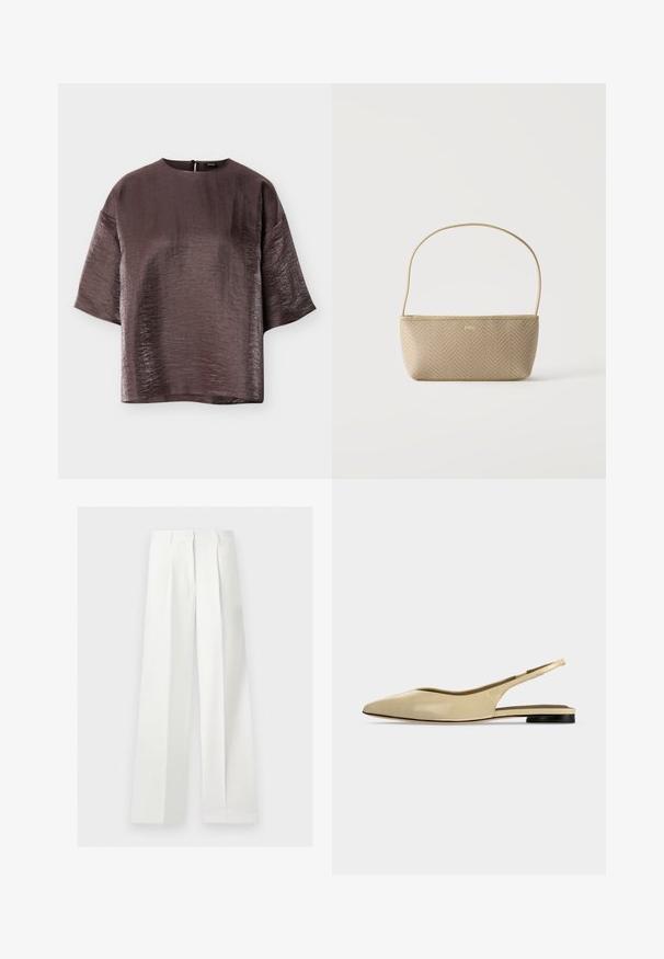 Blouse brillante marron foncé à manches courtes, col rond et coupe ample, présentée à plat sur un fond blanc.; Pantalon blanc taille haute à jambes larges, confectionné, avec plis devant et fermeture éclair cachée.; Chaussure plate beige à bout pointu avec bride arrière, petit talon noir et finition en cuir lisse, vue de côté sur un fond uni.; Sac à main tissé beige avec fine bandoulière et petit logo doré "BOSS" à l'avant, présenté sur fond blanc uni.
