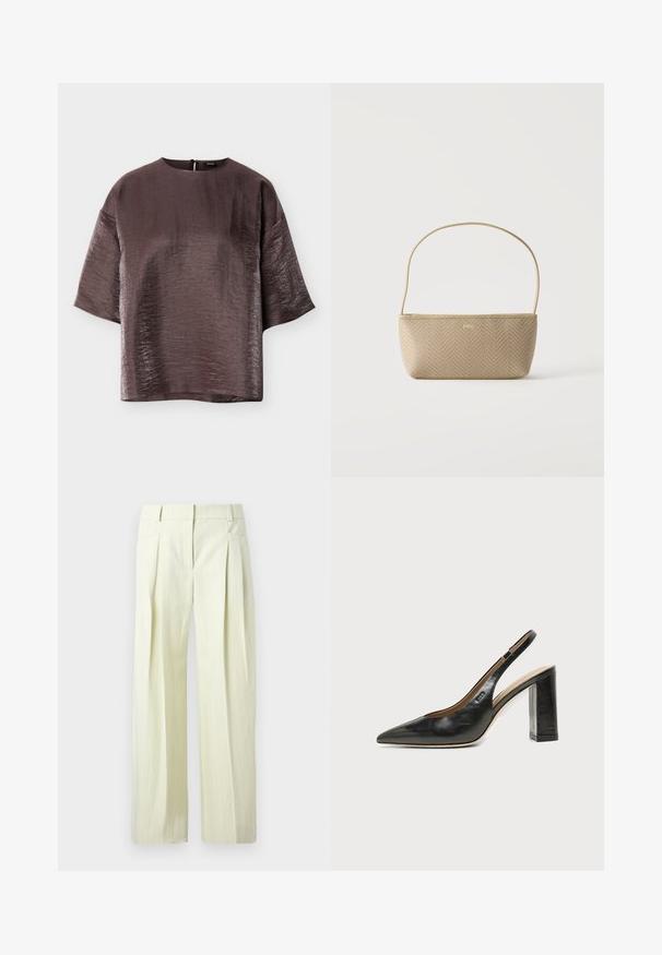 Blouse brillante marron foncé à manches courtes, col rond et coupe ample, présentée à plat sur un fond blanc.; Pantalon ample couleur crème avec fines rayures verticales, plis à l'avant, poches latérales, et passants pour ceinture.; Chaussure slingback en cuir noir à bout pointu avec un talon bloc haut et une doublure intérieure beige sur un fond clair uni.; Sac à main tissé beige avec fine bandoulière et petit logo doré "BOSS" à l'avant, présenté sur fond blanc uni.