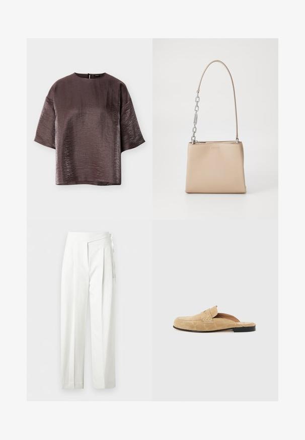 Blouse brillante marron foncé à manches courtes, col rond et coupe ample, présentée à plat sur un fond blanc.; Pantalon blanc taille haute avec plis et détail de nœud sur le côté, coupe droite et fermeture cachée.; Mocassin beige en cuir suédé sans talon avec une semelle noire et des détails cousus sur un fond uni et clair.; Sac à main en cuir beige au toucher lisse, avec une accent en chaîne argentée sur la poignée et une fermeture éclair. "HUGO" embouti à l'avant.