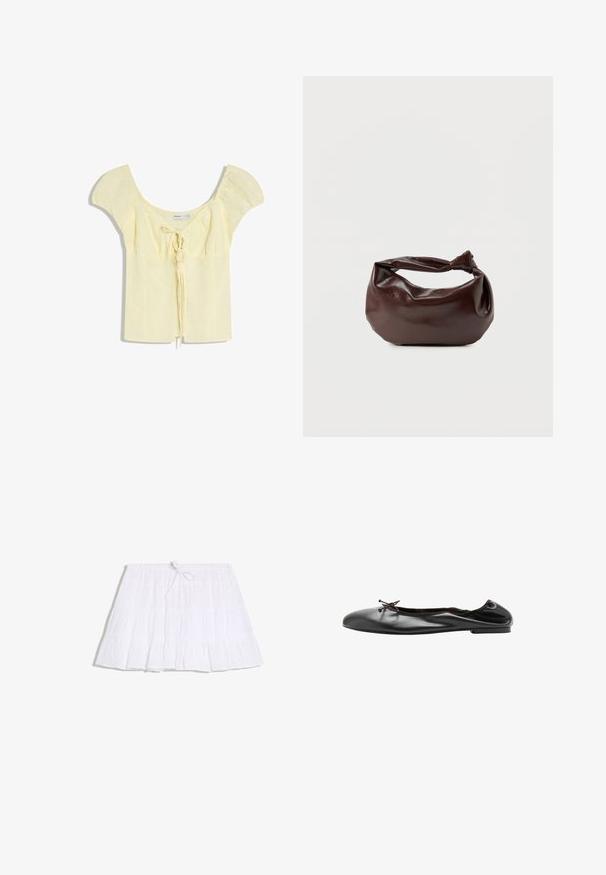 Blouse courte manches courtes jaune clair avec épaules bouffantes et détail de nœud à l'avant, dotée d'un large décolleté arrondi.; Mini-jupe blanche à volants avec taille élastiquée froncée et lien de serrage à l'avant, en tissu léger.; Ballerine en cuir noir avec un petit nœud à l'avant et une couture arrière légèrement froncée, vue de profil sur fond blanc.; Sac bandoulière en cuir marron foncé avec une forme souple et décontractée et une anse nouée torsadée sur un fond blanc uni.